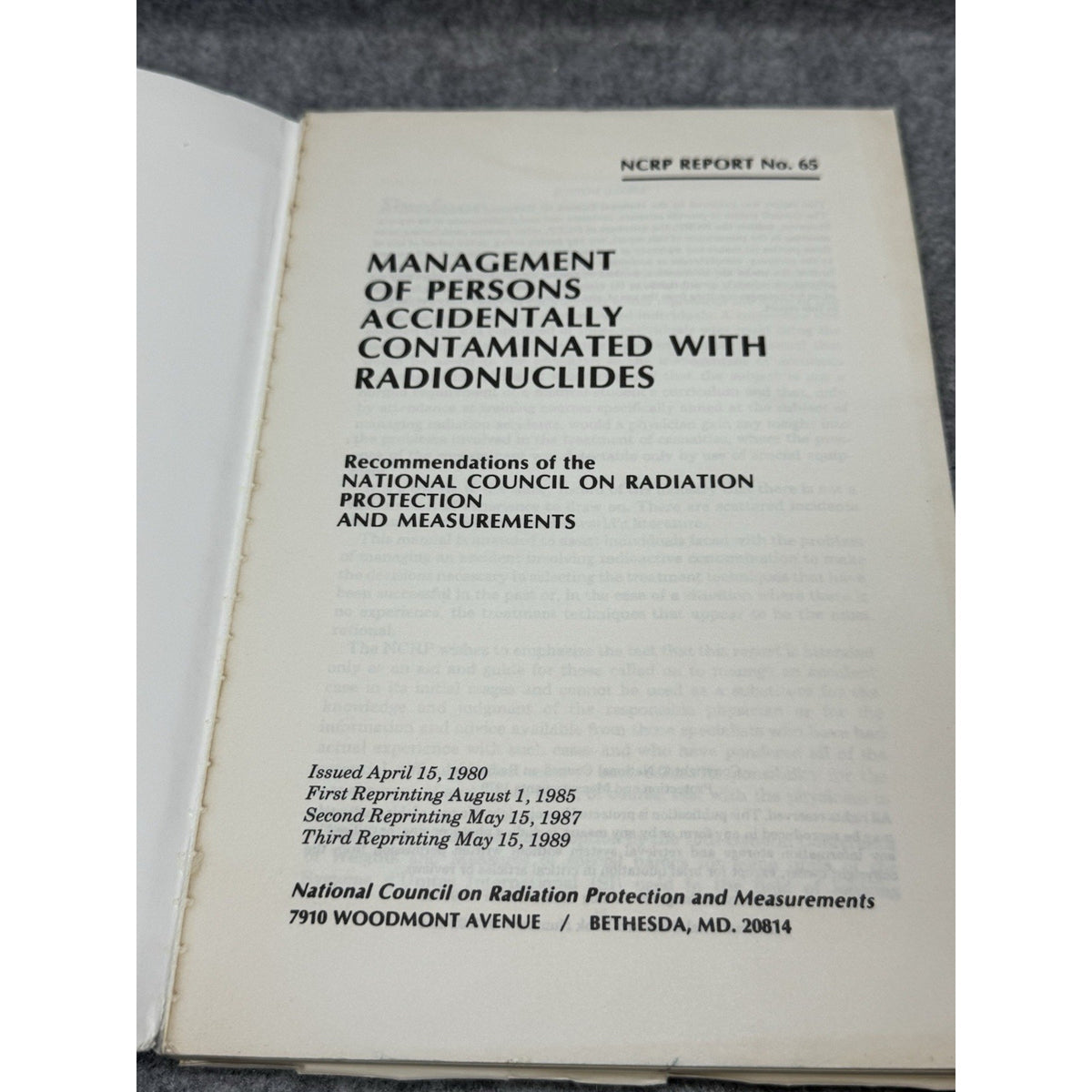 NCRP Report 65 Radionuclide Contamination Treatment Nuclear Medical Manual