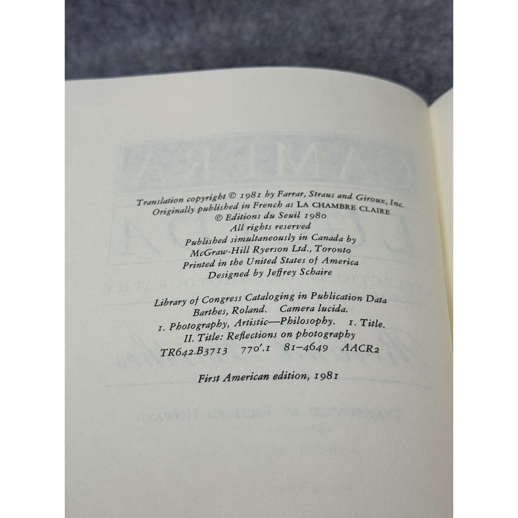 Camera Lucida Roland Barthes 1981 First American Edition Photography HC DJ