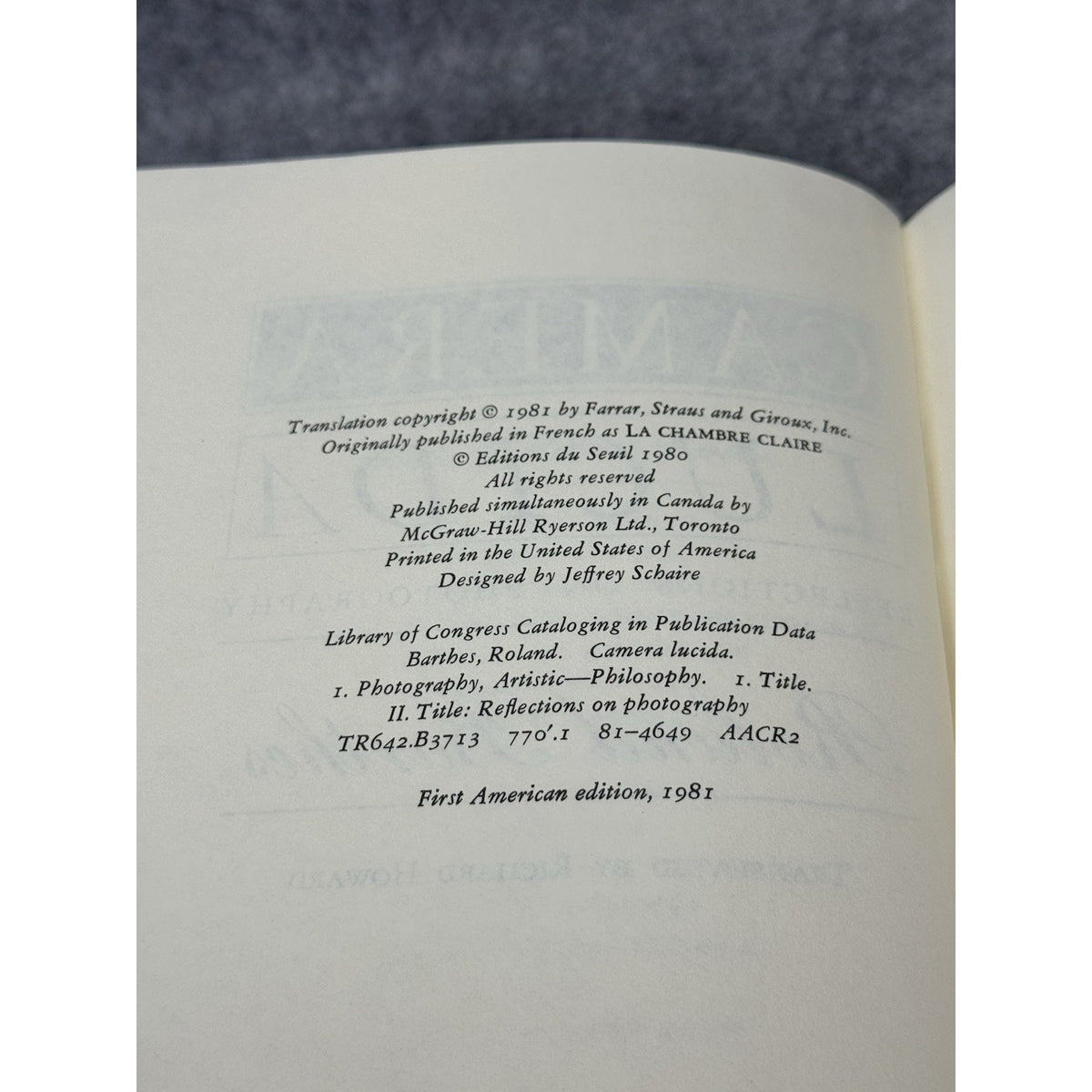 Camera Lucida Roland Barthes 1981 First American Edition Photography HC DJ