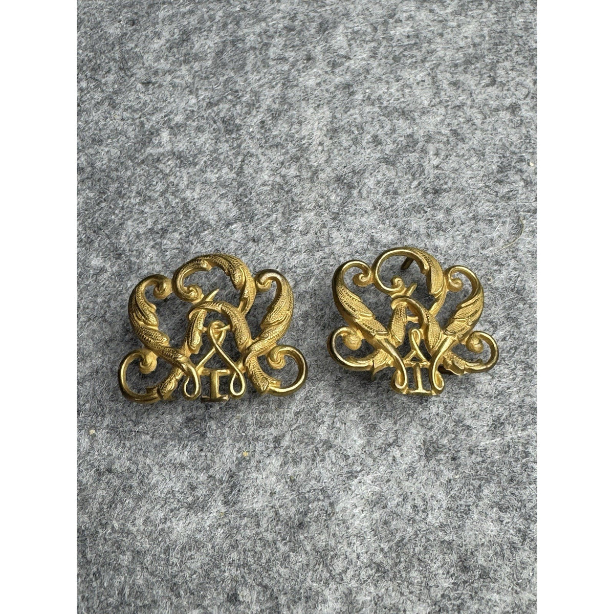 Russian Style Imperial Cypher Insignia Pair Gold Tone Monogram Uniform Fittings