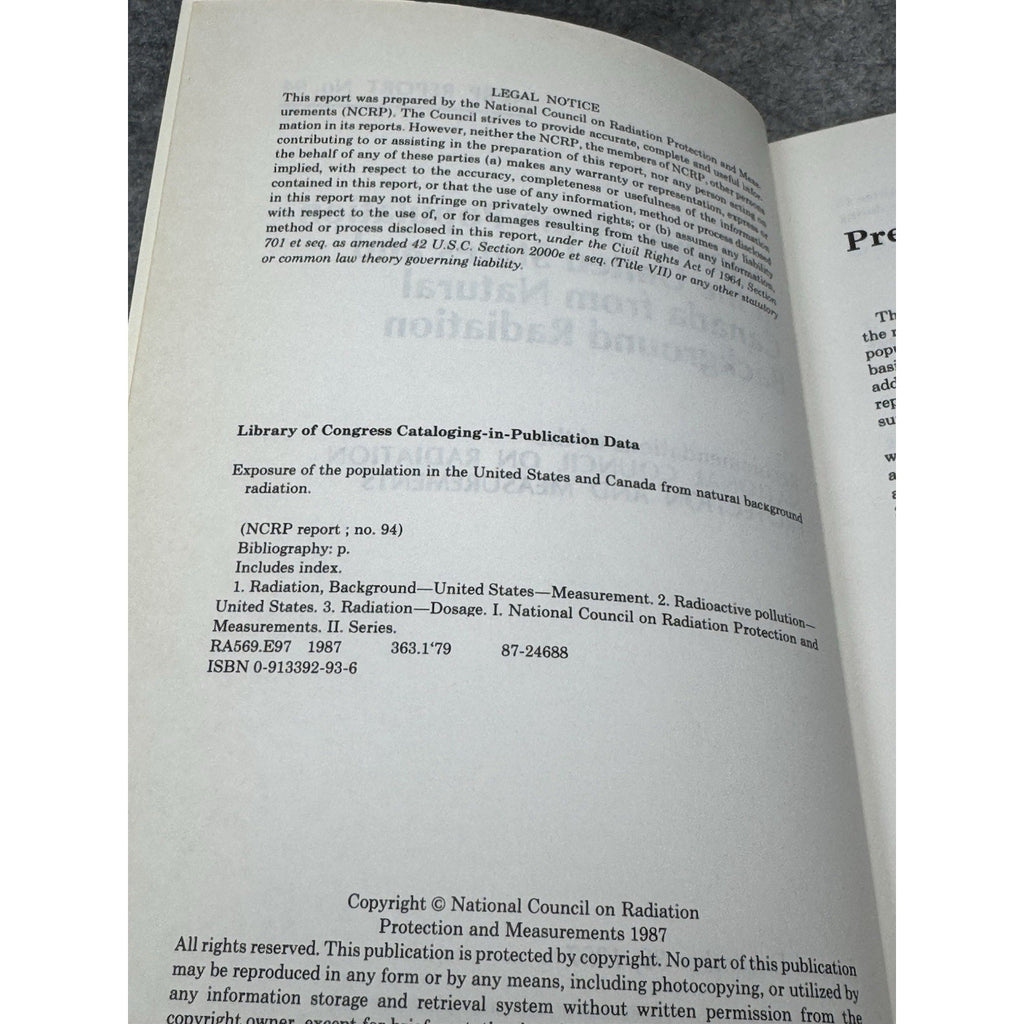 NCRP Report 94 Natural Background Radiation US Canada Population 1987