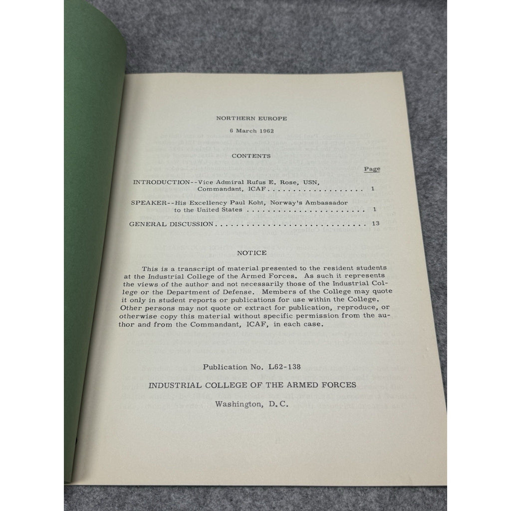Rare 1962 Northern Europe Paul Koht NATO Cold War ICAF Military Transcript