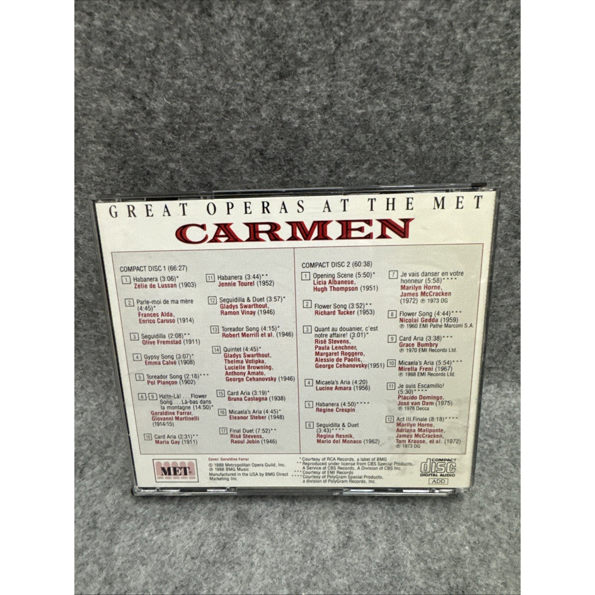 CARMEN Bizet GREAT OPERAS AT THE MET Domingo Freni Caruso 2 CD SET metropolitan