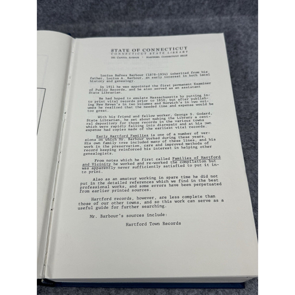 Families of Early Hartford Connecticut Barbour 1982 Hardcover Genealogy