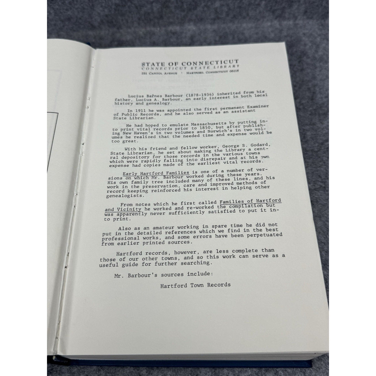 Families of Early Hartford Connecticut Barbour 1982 Hardcover Genealogy