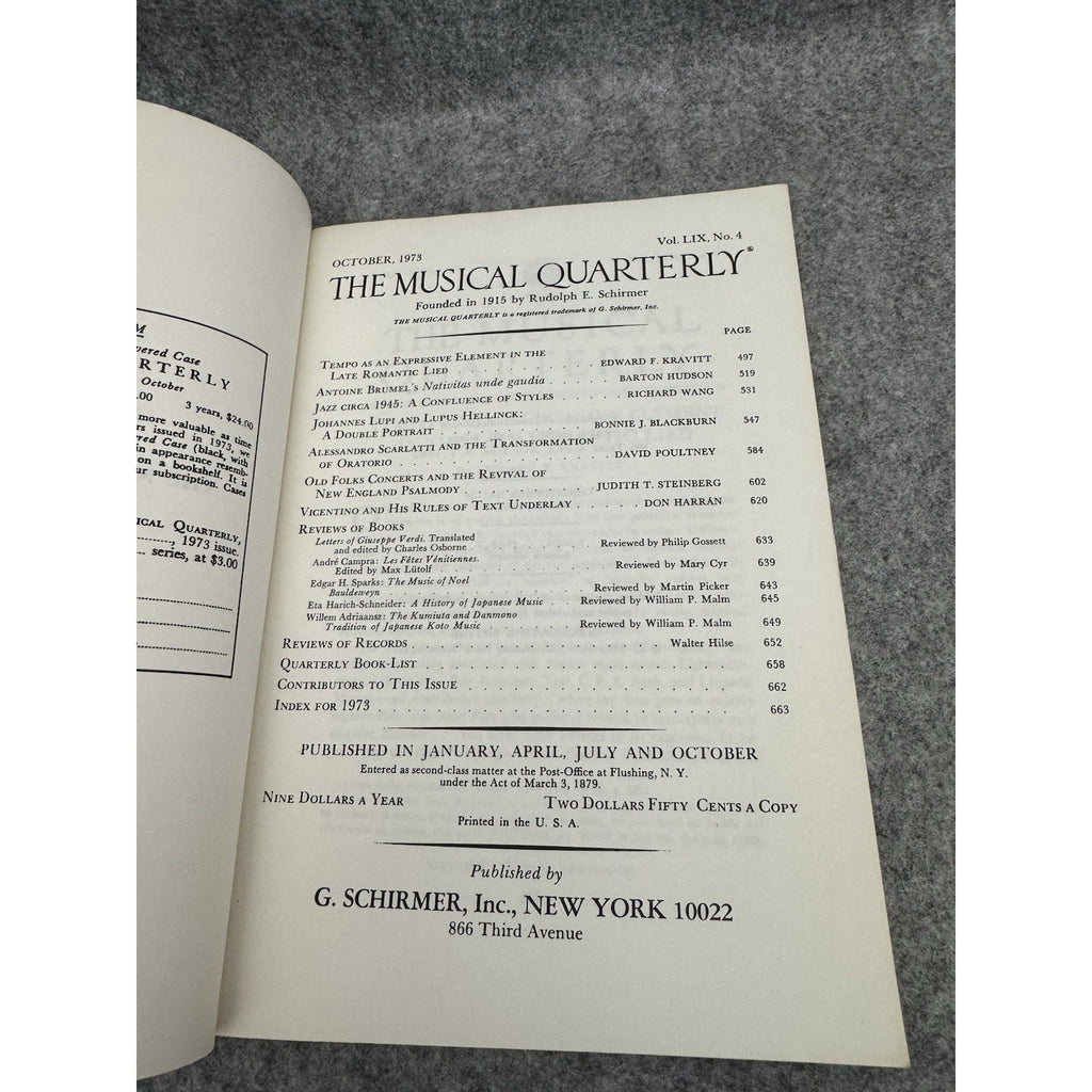 The Musical Quarterly October 1973 Vol 59 No 4 Schirmer Journal