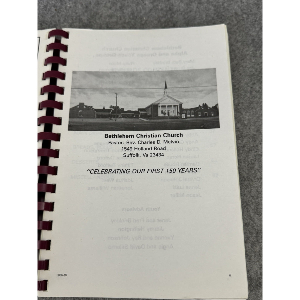 Bethlehem Christian Church Recipes Cookbook Suffolk VA 1997 Community