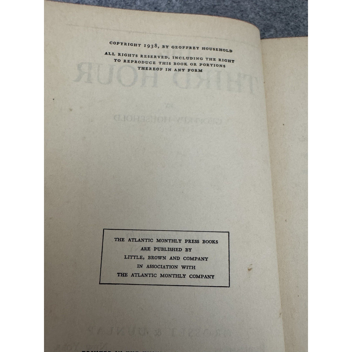 The Third Hour Geoffrey Household 1938 HC Vintage Adventure Suspense Novel