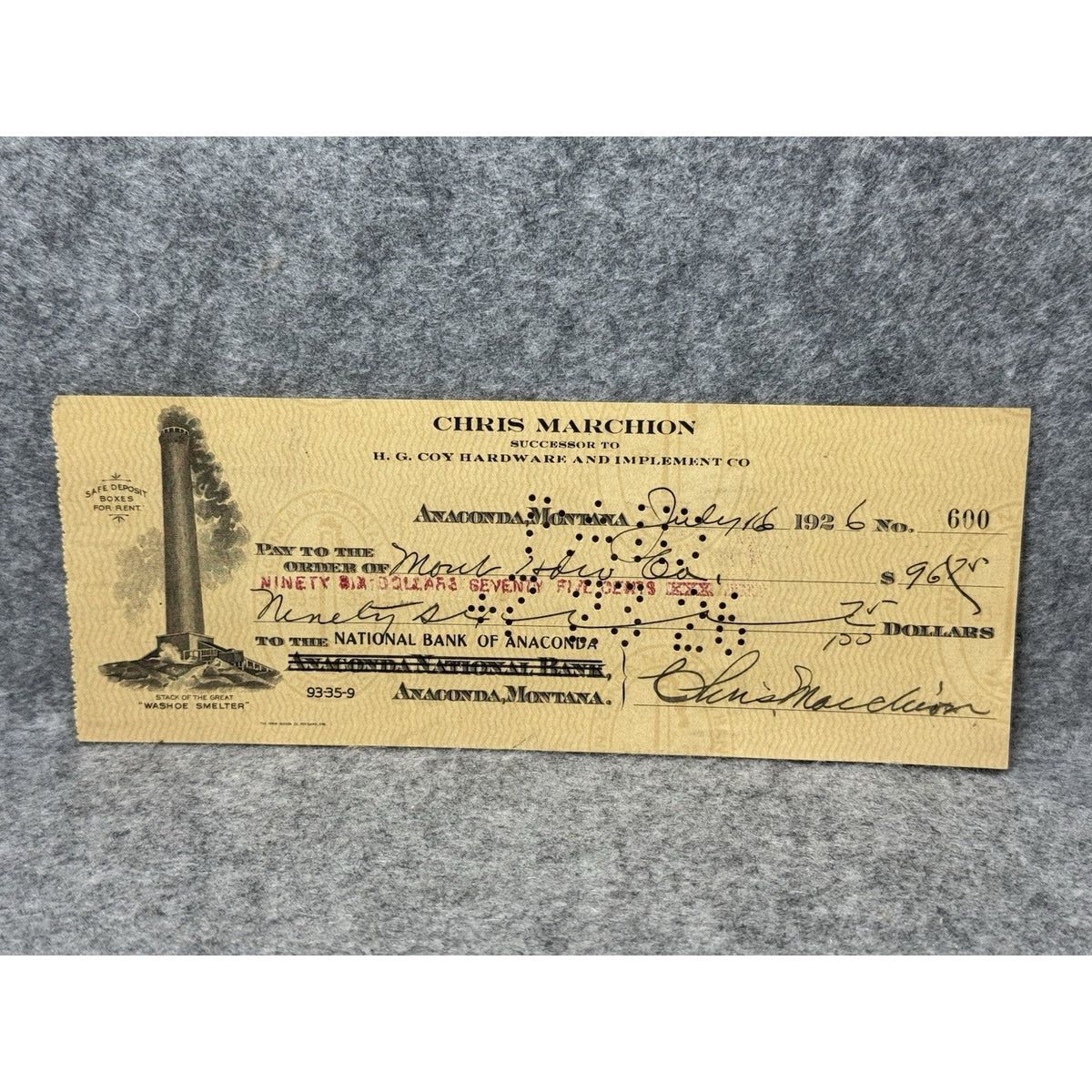 1926 Anaconda Montana Bank Check Washoe Smelter Chris Marchion Hardware