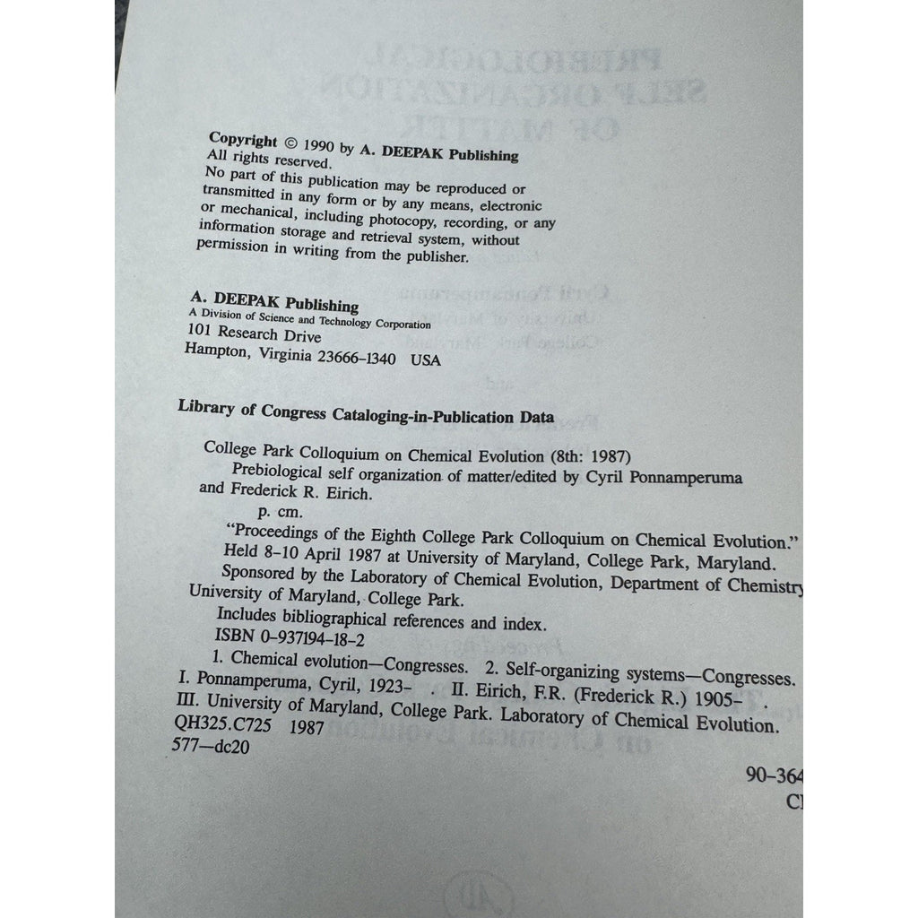 Prebiological Self Organization of Matter Ponnamperuma Chemical Evolution