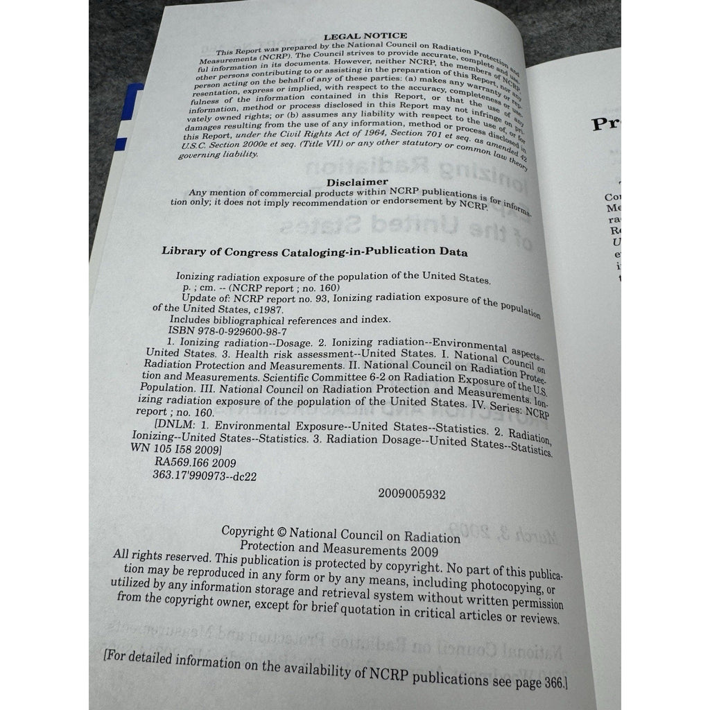 NCRP Report 160 Ionizing Radiation Exposure US Population 2009 Hardcover