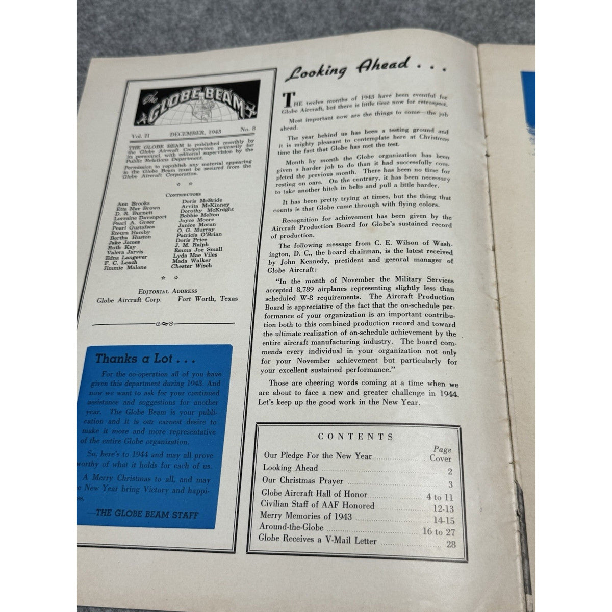1943 Globe Beam December WWII Aircraft Magazine AT-10 Christmas Fort Worth.