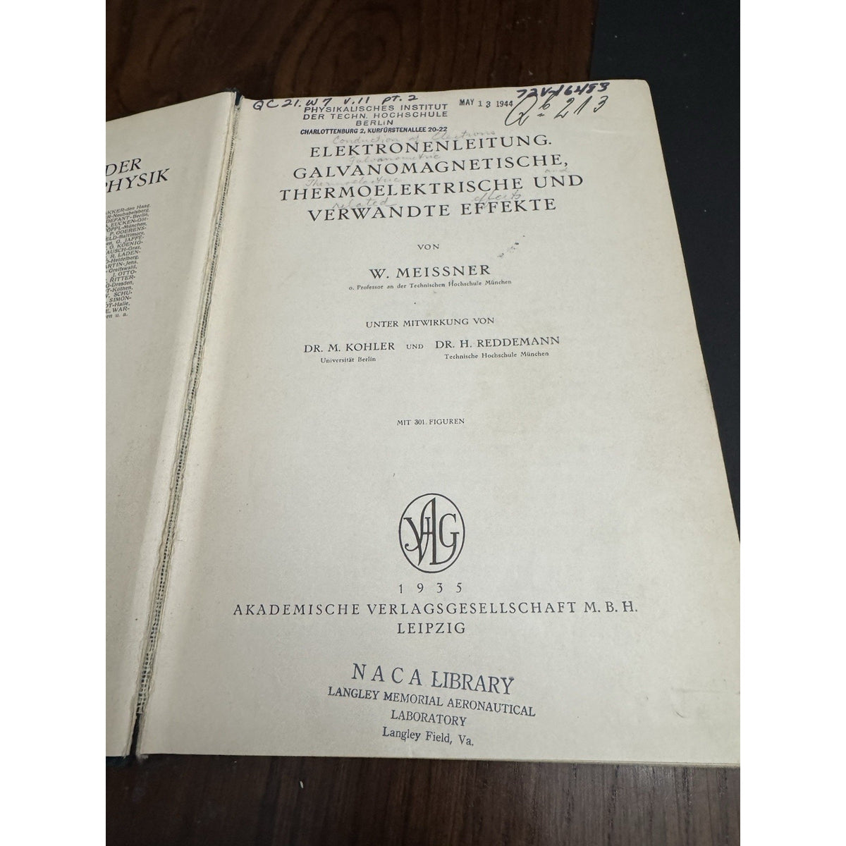 1935 Meissner Experimentalphysik Band 11 Pt 2 NACA Langley Ex-Library