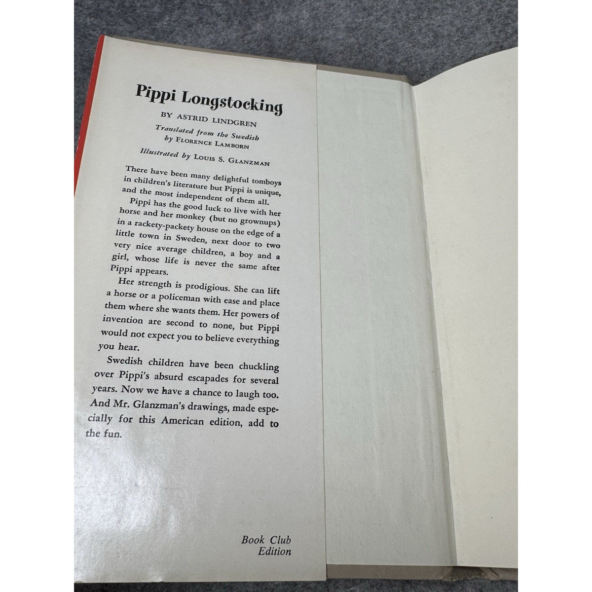 Pippi Longstocking Astrid Lindgren Vintage Hardcover DJ Glanzman Book Club