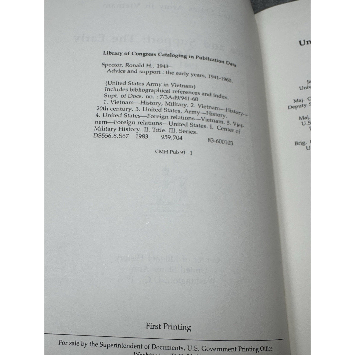 Advice & Support Early Years 1941-1960 US Army Vietnam 1983 1st Print