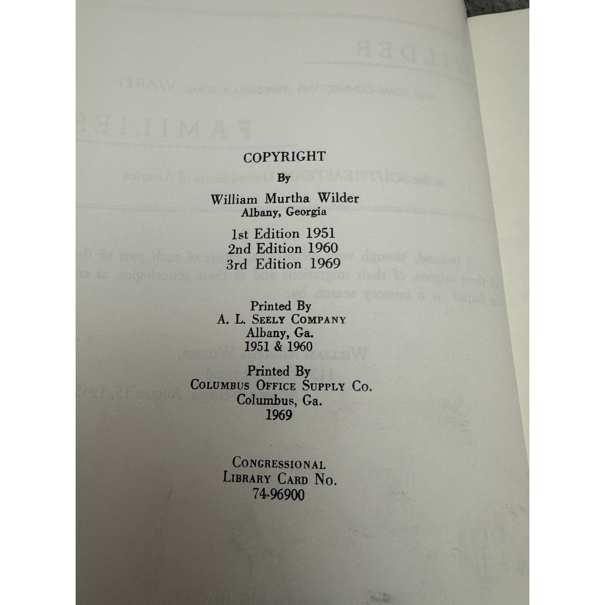 Wilder & Ware Families in the Southeastern States 1969 Genealogy HC