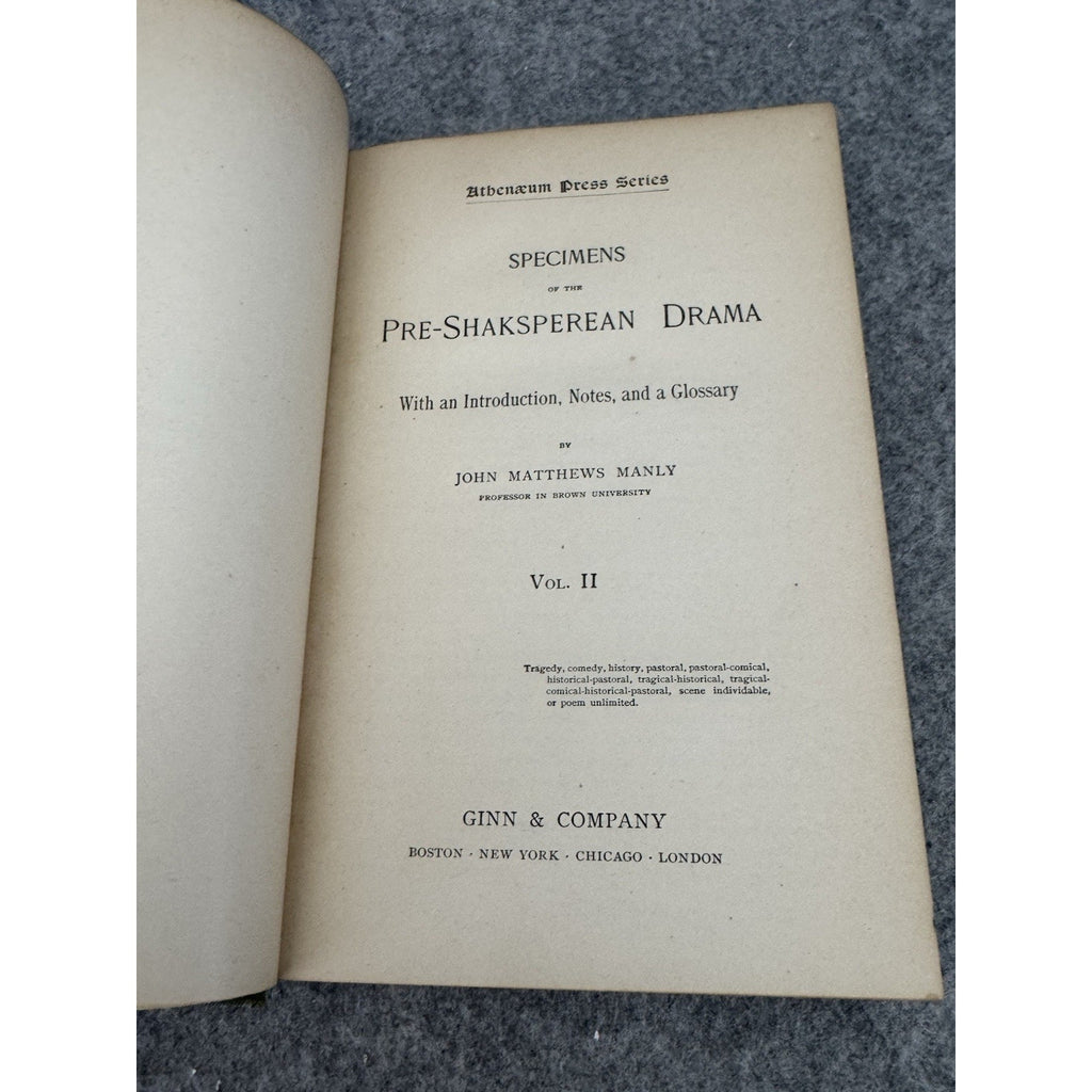 1897 Specimens of the Pre-Shaksperian Drama 2 Vol Set John M Manly HC