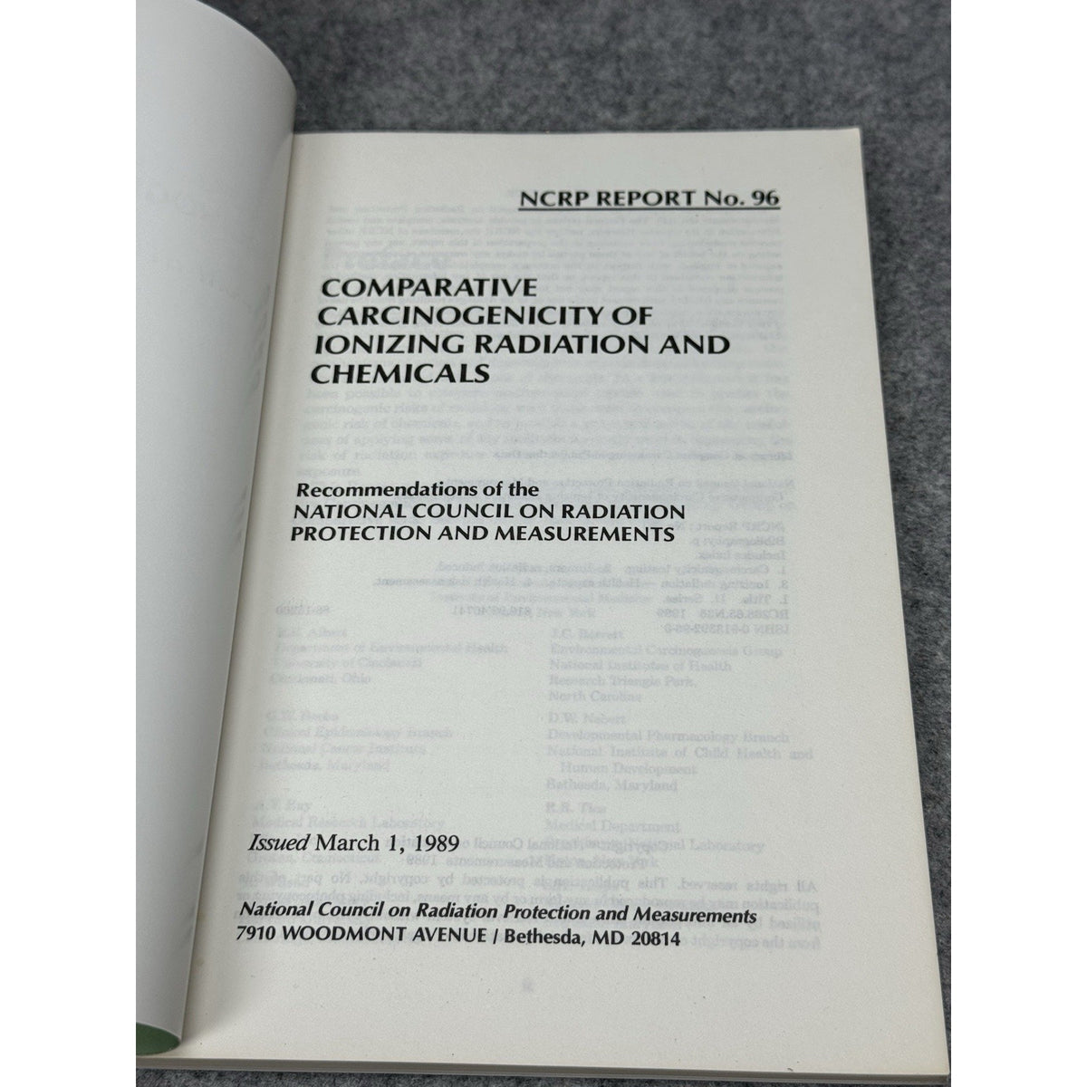 NCRP Report 96 Comparative Carcinogenicity Ionizing Radiation Chemicals