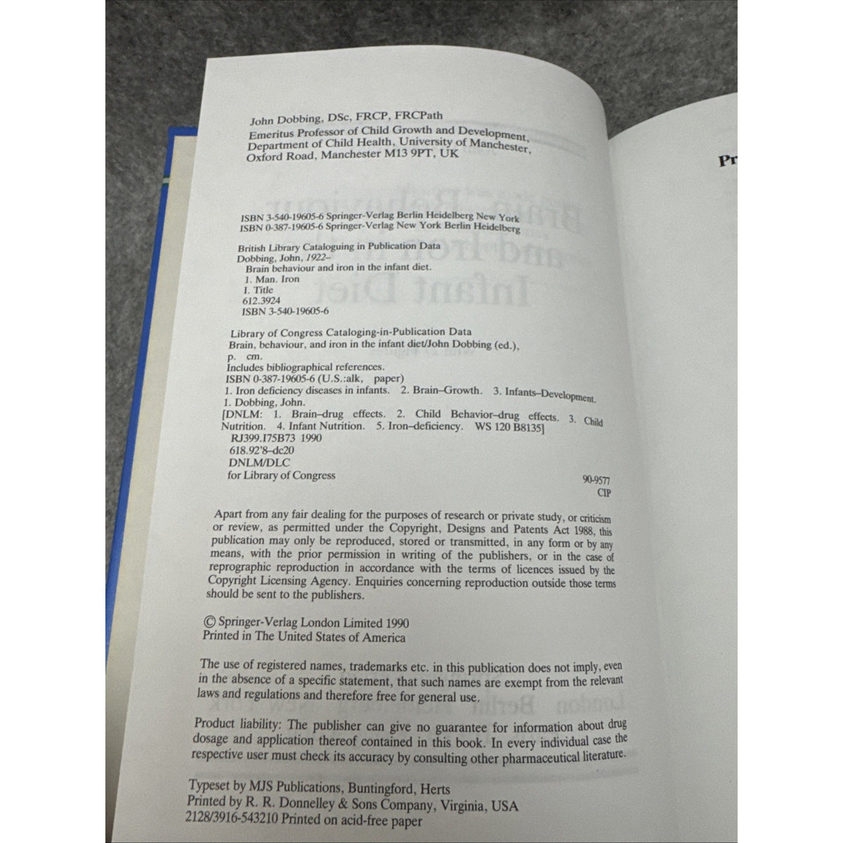Brain Behaviour and Iron in the Infant Diet by John Dobbing (1990, Hardcover)
