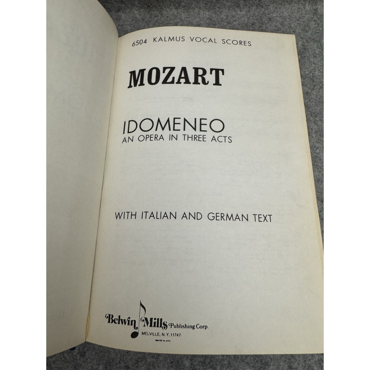 Mozart Idomeneo Opera Vocal Score Italian German HC Kalmus Library Bound