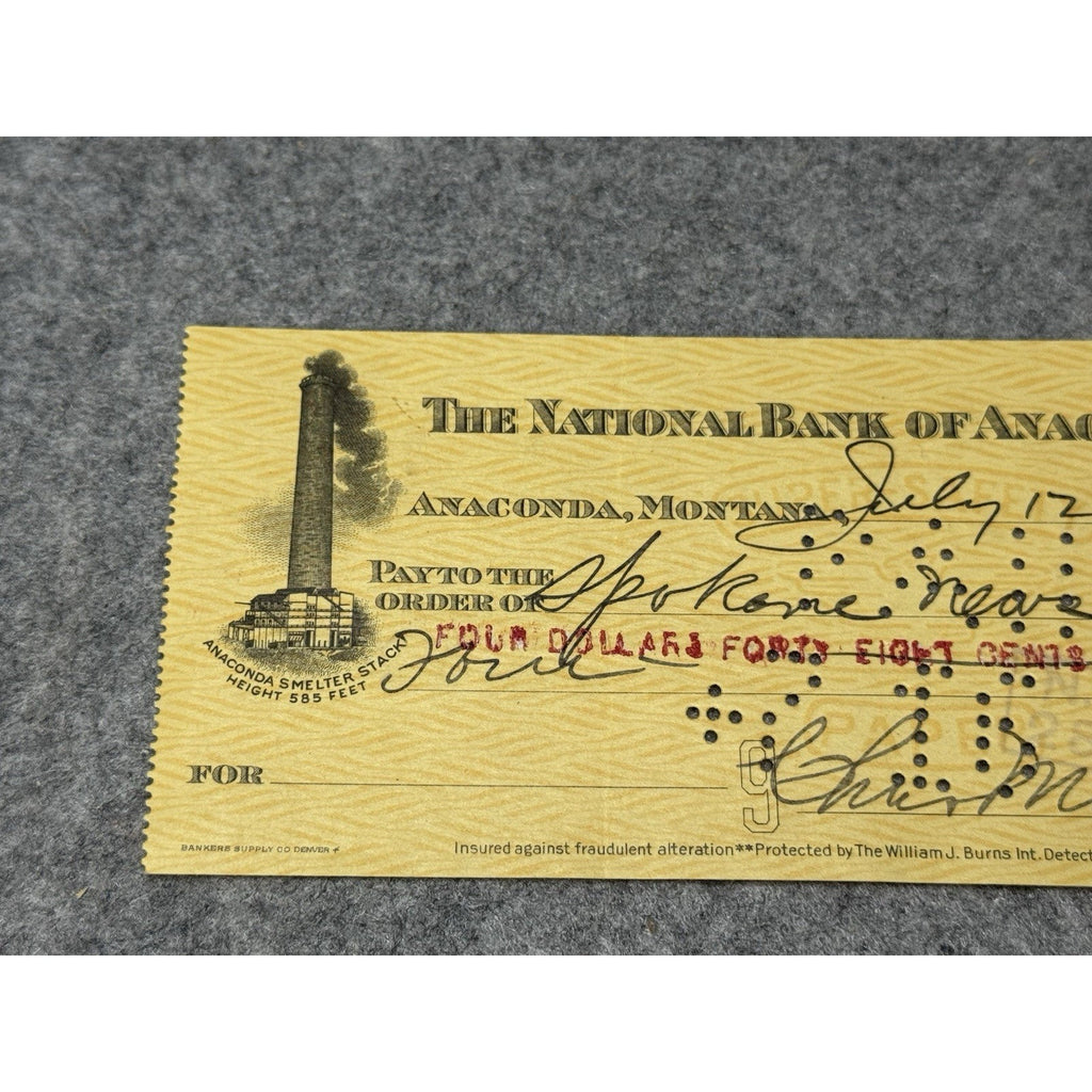 1926 Anaconda Montana Bank Check Smelter Stack Vignette Spokane News Co.