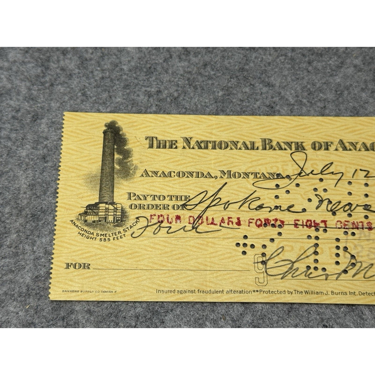 1926 Anaconda Montana Bank Check Smelter Stack Vignette Spokane News Co.