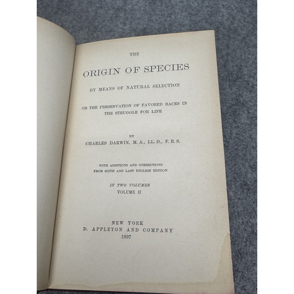 1897 Charles Darwin The Origin of Species Vol II Appleton Hardcover Gilt Top