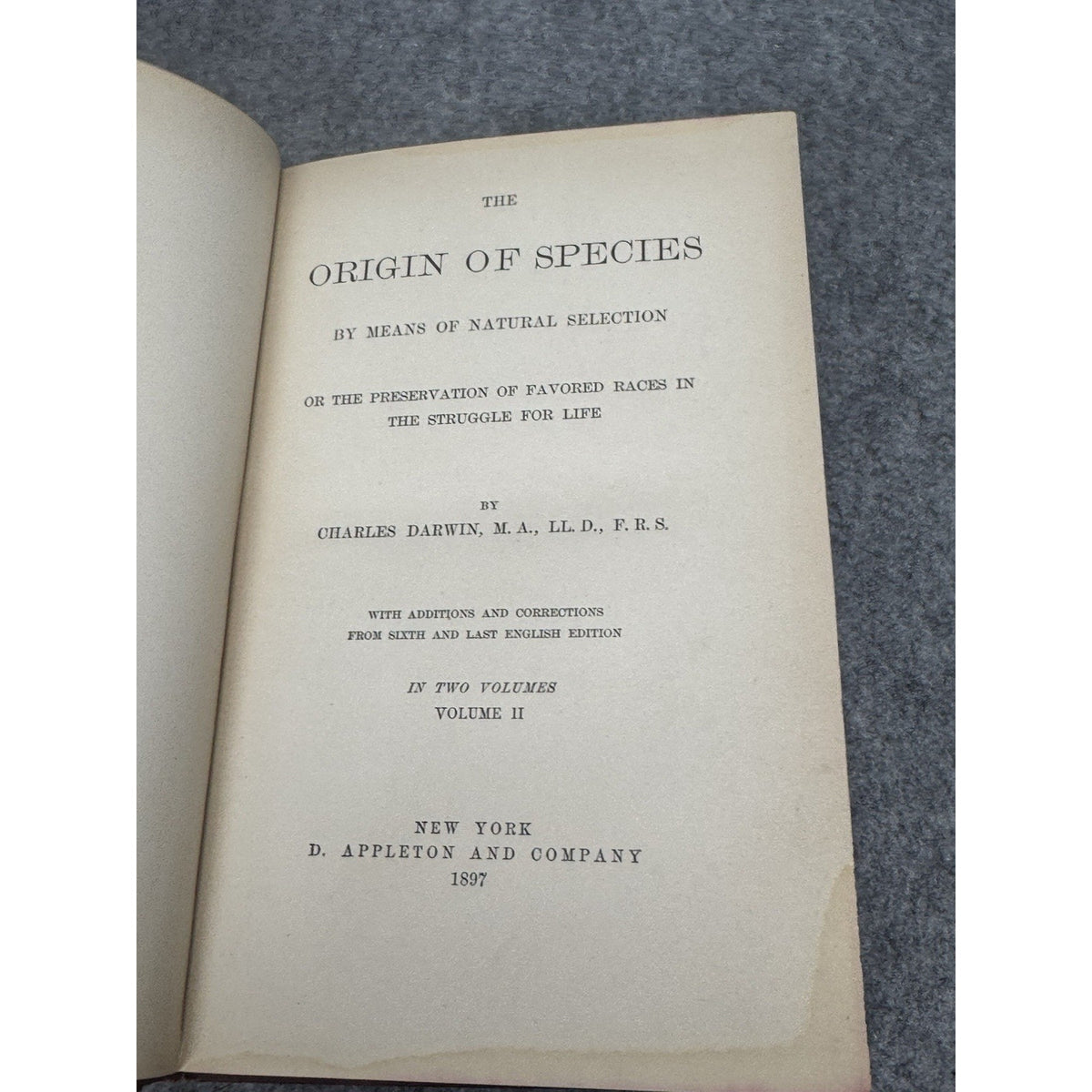 1897 Charles Darwin The Origin of Species Vol II Appleton Hardcover Gilt Top