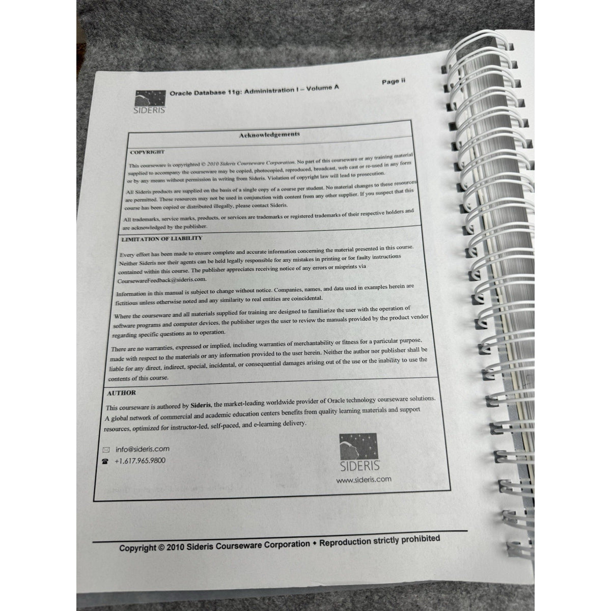 Oracle Database 11g Administration I Vol A Sideris Courseware 2010 Spiral