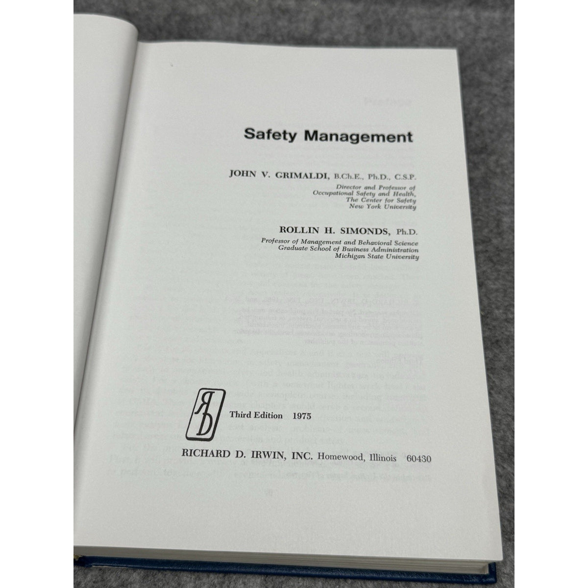 Safety Management Grimaldi Simonds 1975 3rd Ed Industrial OSHA Hardcover