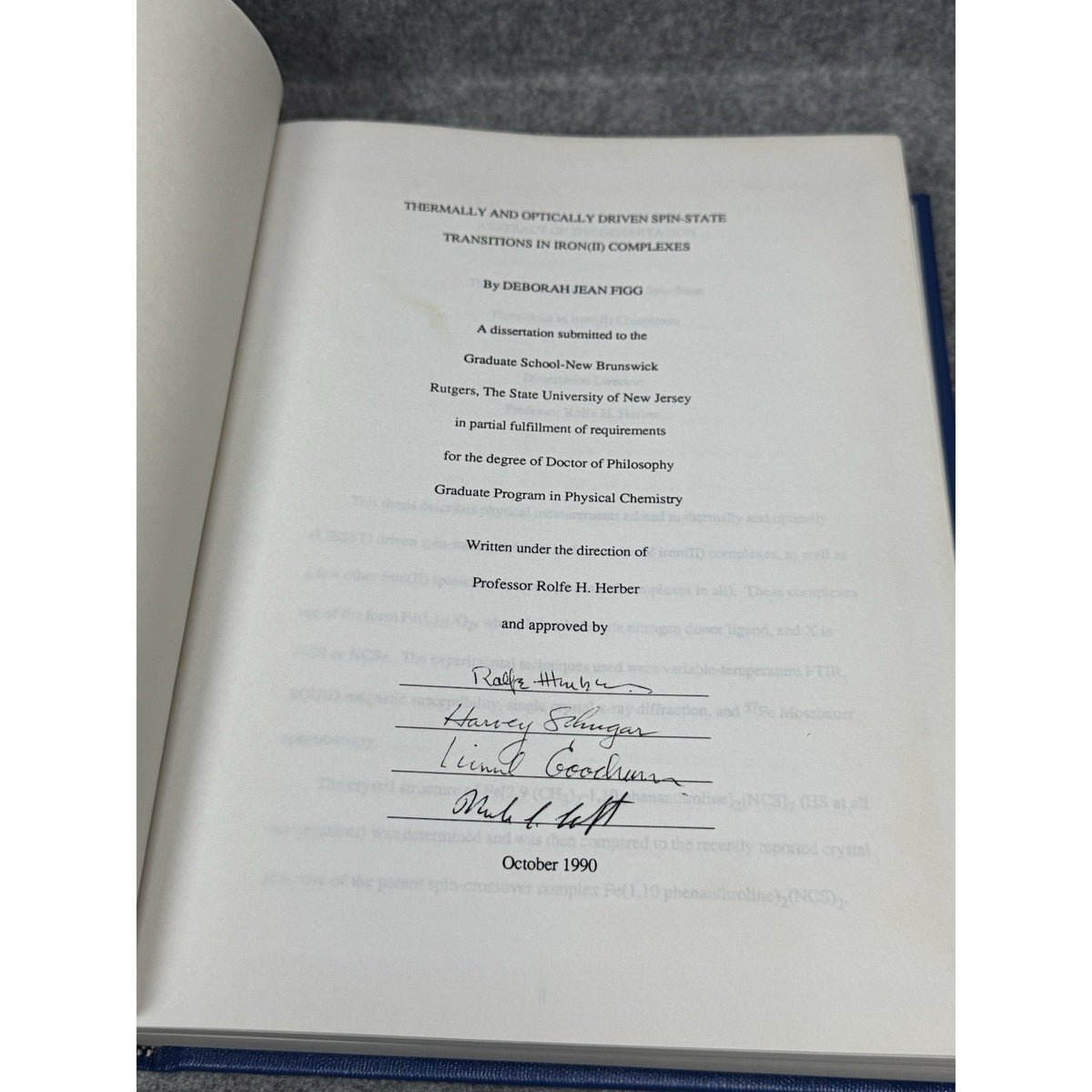 Deborah Figg Signed PhD Dissertation Iron Spin-State Chemistry Rutgers LIESST