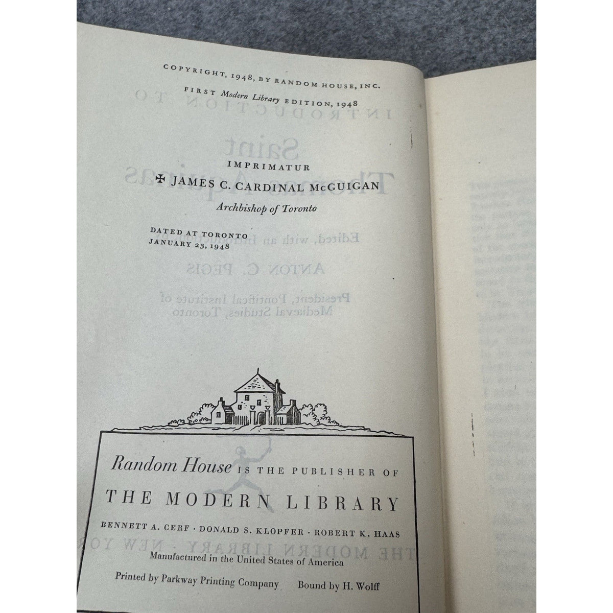1948 Introduction to St Thomas Aquinas Anton Pegis First Modern Library Edition
