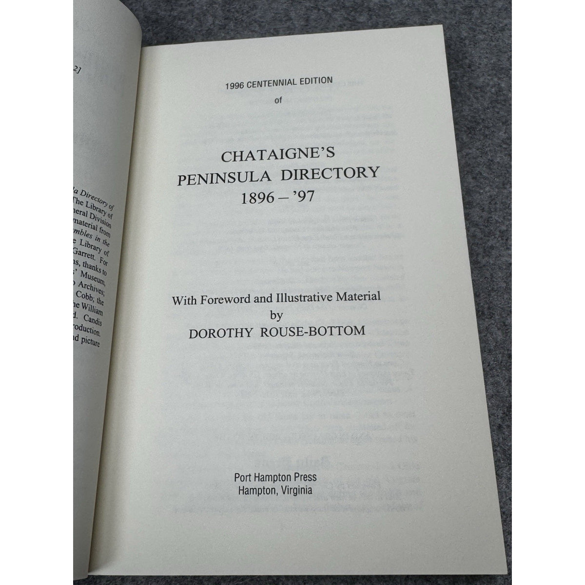 1996 Chataigne’s Peninsula Directory 1896-97 Hampton Newport News Virginia