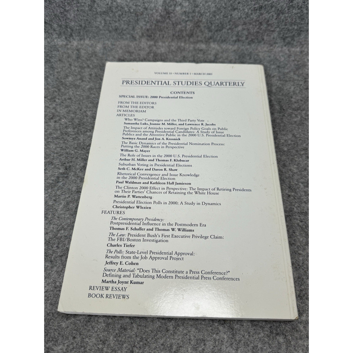 2003 Presidential Studies Quarterly Vol 33 No 1 2000 Election Special Issue