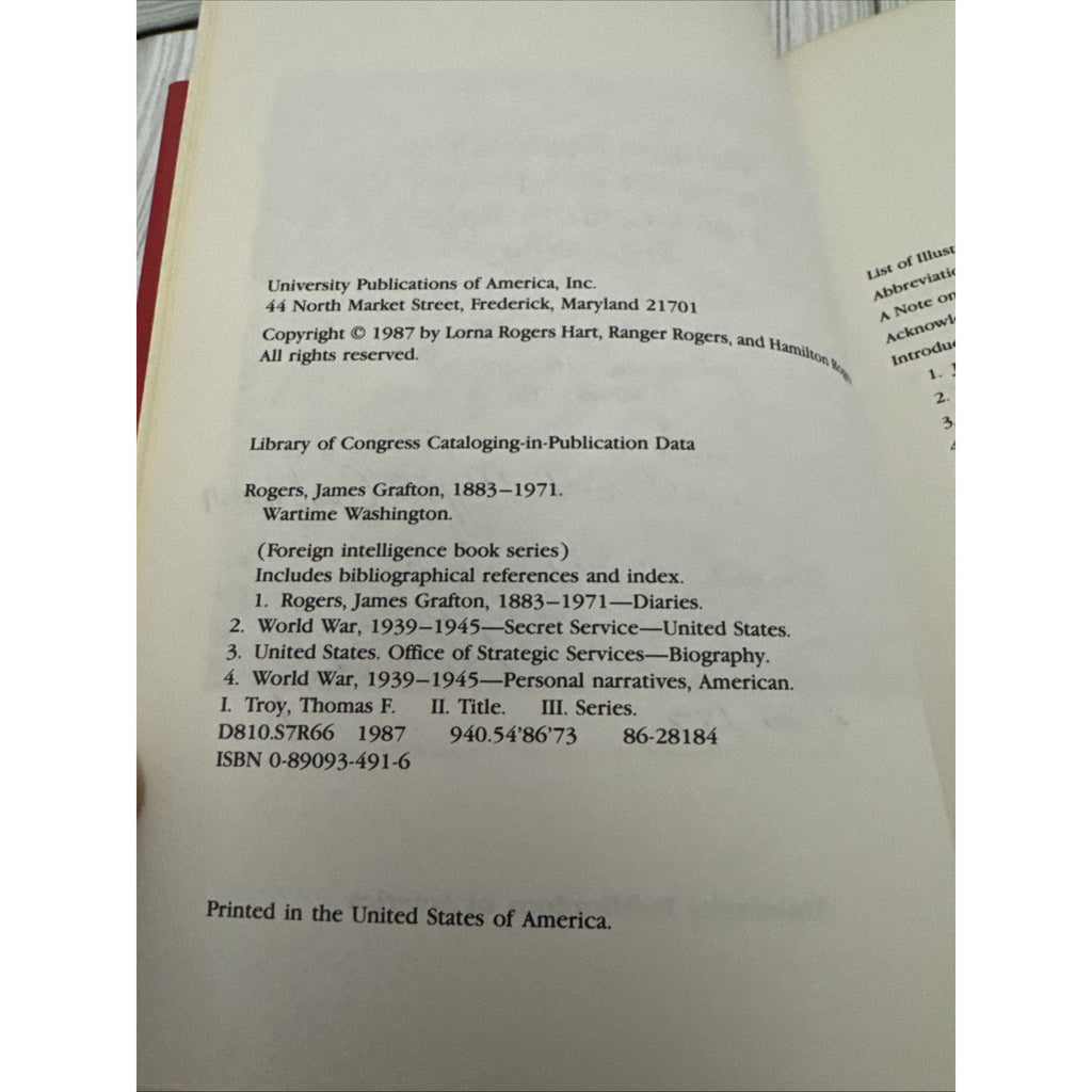 WARTIME WASHINGTON: THE SECRET OSS JOURNAL OF JAMES By James Grafton Rogers VG