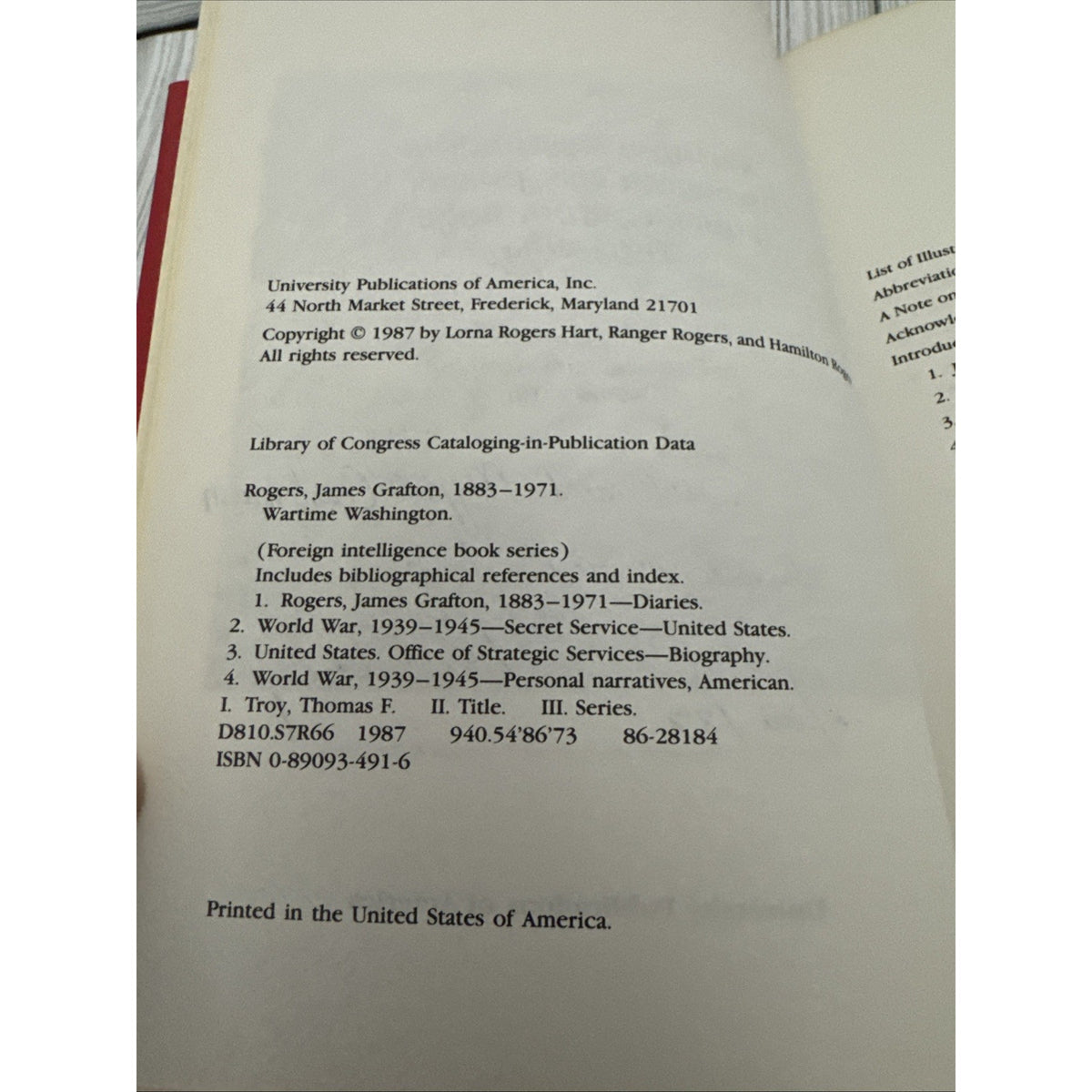 WARTIME WASHINGTON: THE SECRET OSS JOURNAL OF JAMES By James Grafton Rogers VG