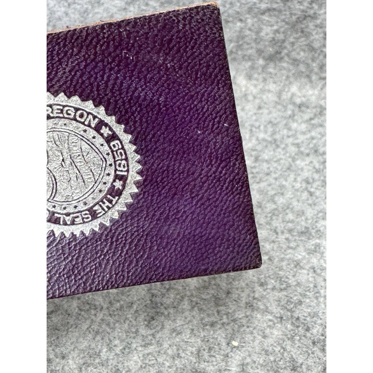 Vintage Oregon State Seal Purple Leather Silver Stamped Emblem 2.5 x 2 Inches