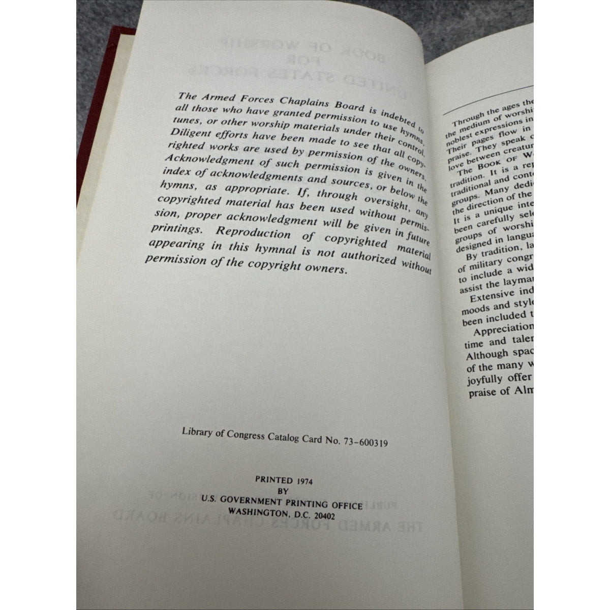 Book of Worship for United States Forces 1974 US Gov Hymnal HC