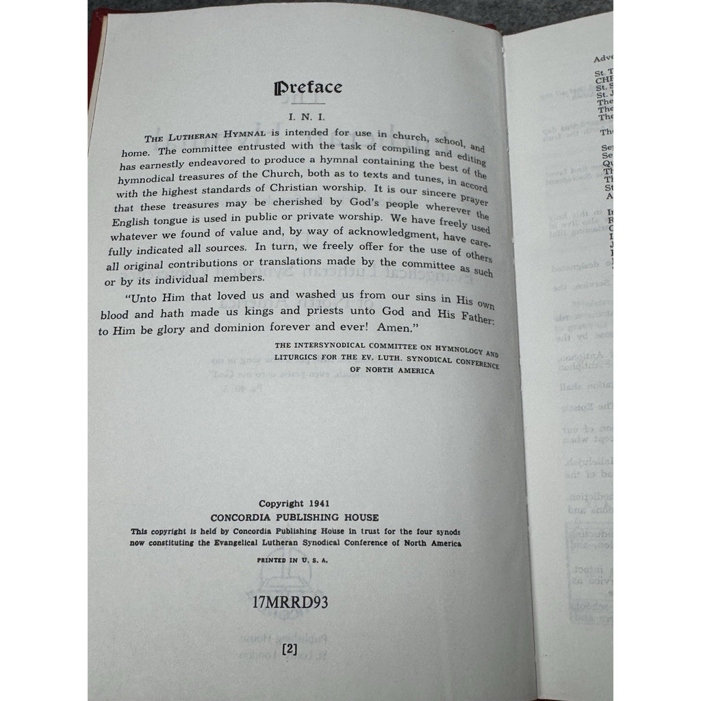 The Lutheran Hymnal Concordia Red Hardcover 1941 Copyright Church Music