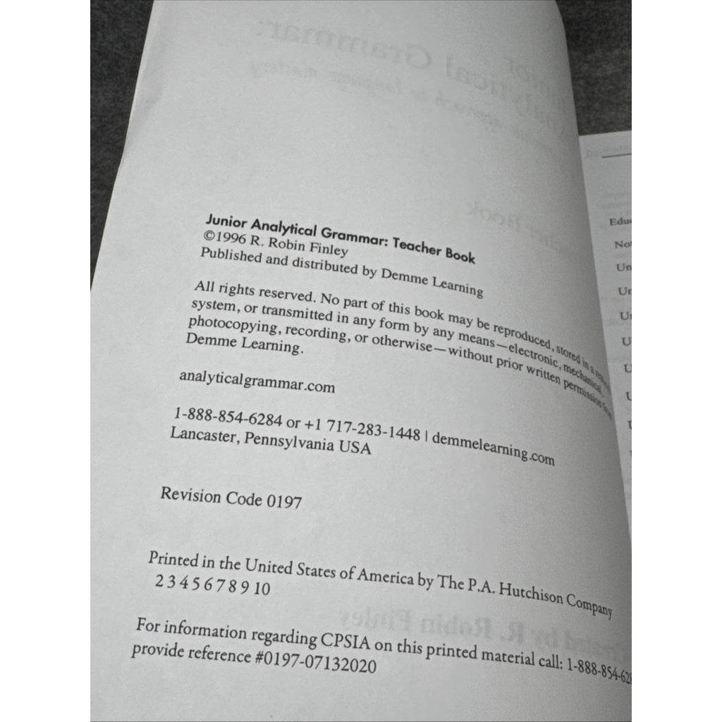 Junior Analytical Grammar Teacher Book by R. Robin Finley (1996, Trade...
