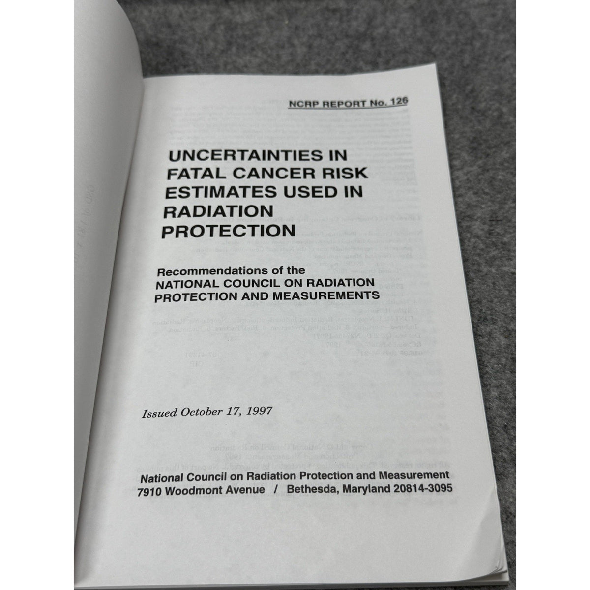 NCRP Report 126 Fatal Cancer Risk Estimates Radiation Protection Dosimetry