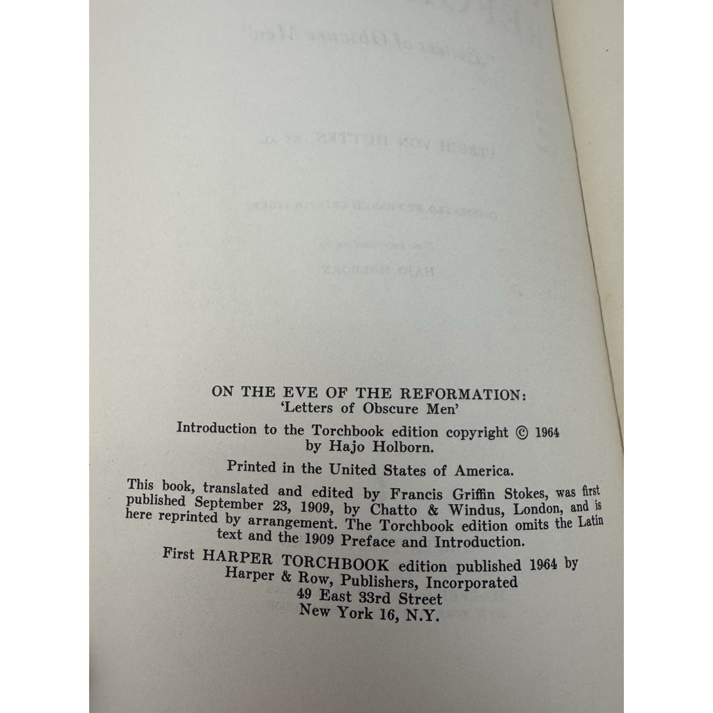 On the Eve of the Reformation Letters of Obscure Men 1964 Harper Torchbook