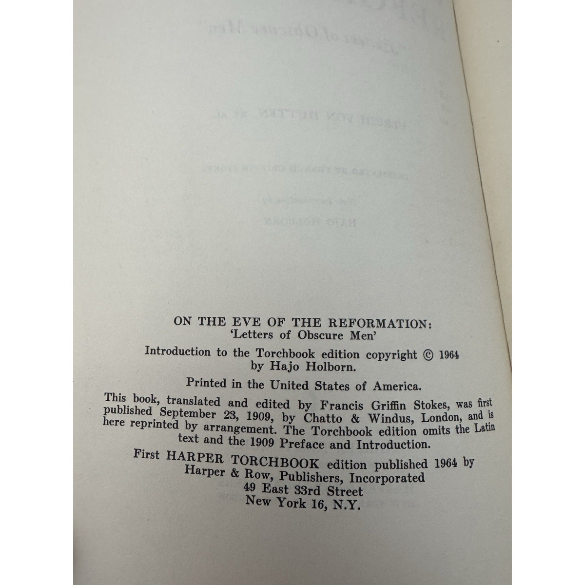 On the Eve of the Reformation Letters of Obscure Men 1964 Harper Torchbook