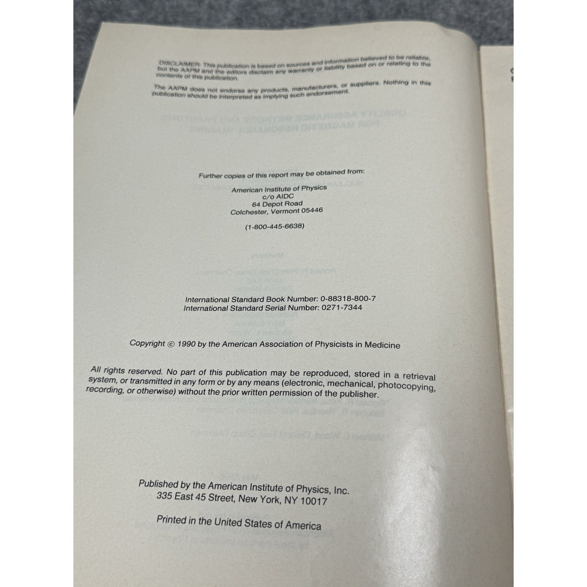 AAPM Report 28 MRI Quality Assurance Methods Phantoms Medical Physics 1990