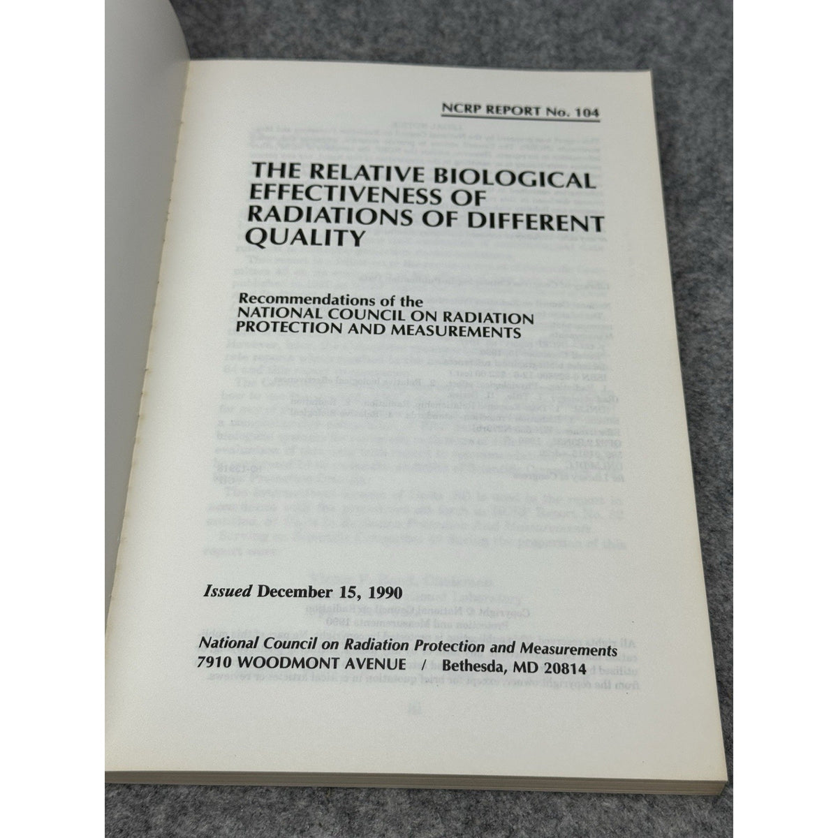 NCRP Report 104 Relative Biological Effectiveness Radiation Radiobiology