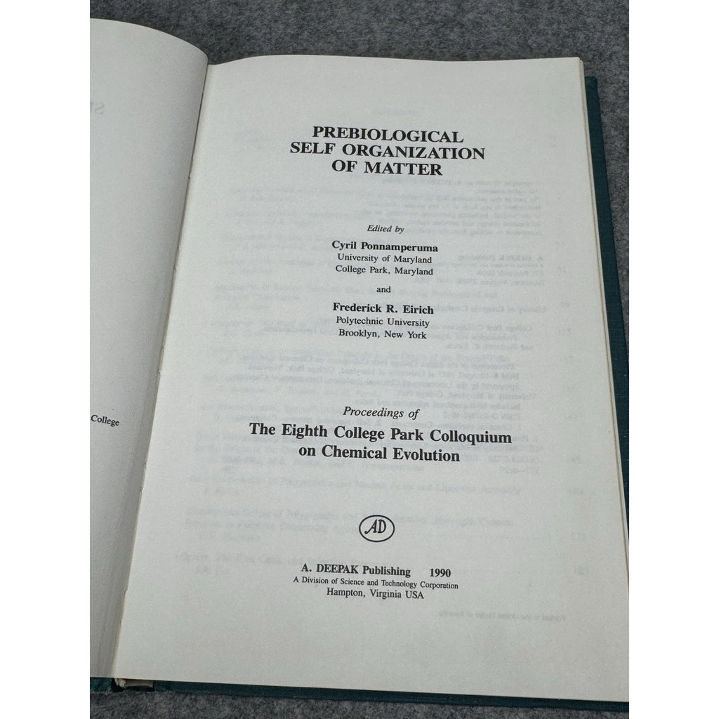 Prebiological Self Organization of Matter Ponnamperuma Chemical Evolution