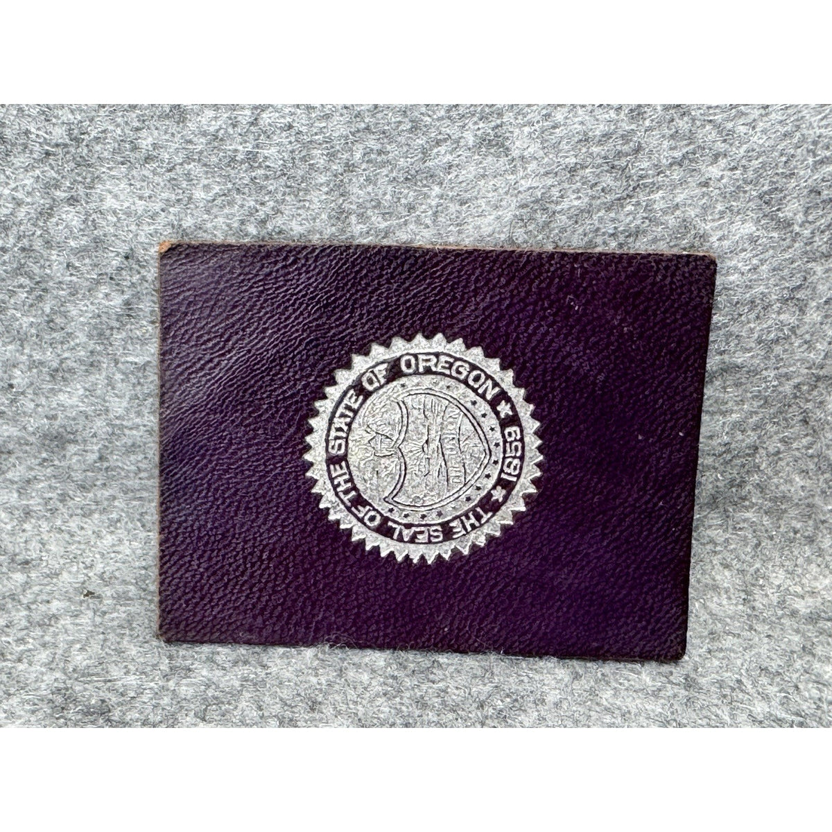 Vintage Oregon State Seal Purple Leather Silver Stamped Emblem 2.5 x 2 Inches