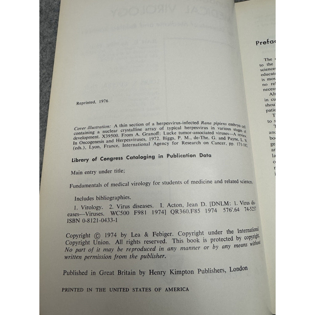 Fundamentals of Medical Virology 1974 Acton Kucera Myrvik Weiser HC