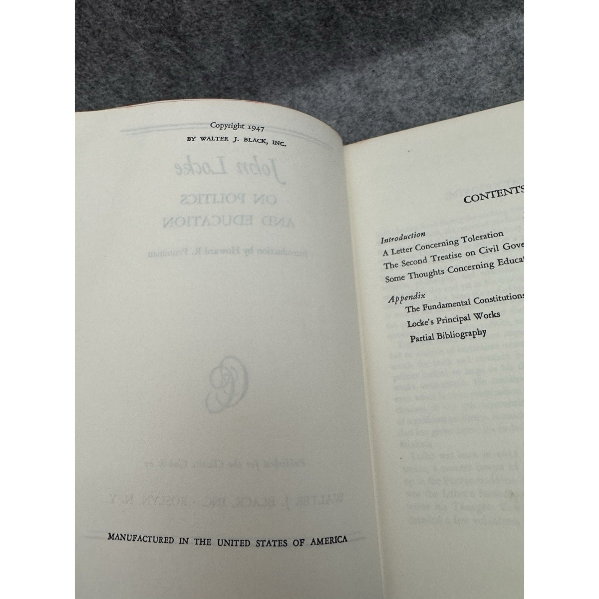 Classic Club Book John Locke “On Politics and Education” 1947