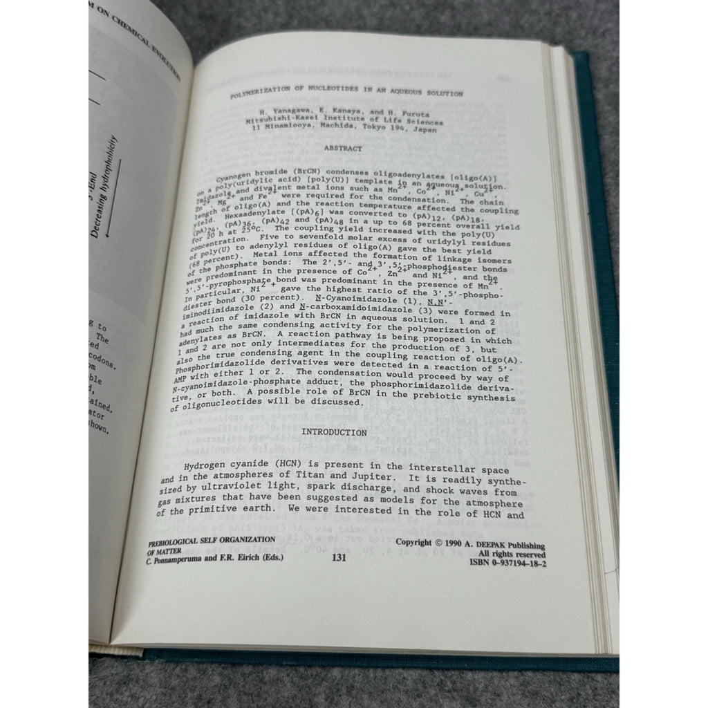 Prebiological Self Organization of Matter Ponnamperuma Chemical Evolution